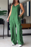 Casual Sleeveless Backless V Neck Denim Cami Cargo Jumpsuits