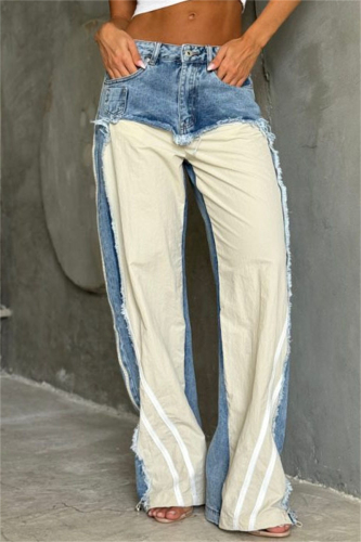 Casual Low Waist Straight Leg Patchwork Denim Pants