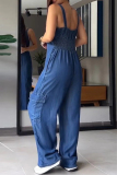 Casual Sleeveless Backless V Neck Denim Cami Cargo Jumpsuits