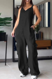 Casual Sleeveless Backless V Neck Denim Cami Cargo Jumpsuits
