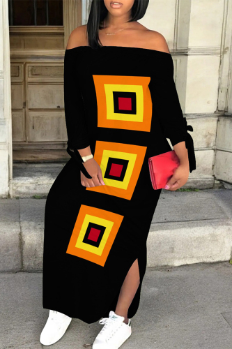 Casual Geometric Camouflage Print Long Sleeve Off Shoulder Side Slit Vacation Bodycon Maxi Dress