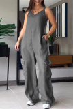 Casual Sleeveless Backless V Neck Denim Cami Cargo Jumpsuits
