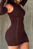Casual O Neck Long Sleeve Wrapped Skirt Knitted Bodycon Mini Sweater Dresses