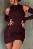 Casual O Neck Long Sleeve Wrapped Skirt Knitted Bodycon Mini Sweater Dresses