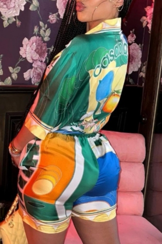 Casual Graphics Print Turndown Collar Half Sleeve Blouse And Shorts Vacation Two Pieces Shorts Sets