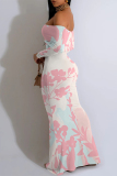 Floral Print Off Shoulder Long Flutter Sleeve Mermaid Hem Vacation Boho Style Maxi Dresse