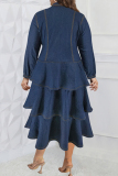 Turndown Collar Buckle Ruffle Tiered Hem Vacation Plus Size Denim A Line Maxi Shirt Dresses