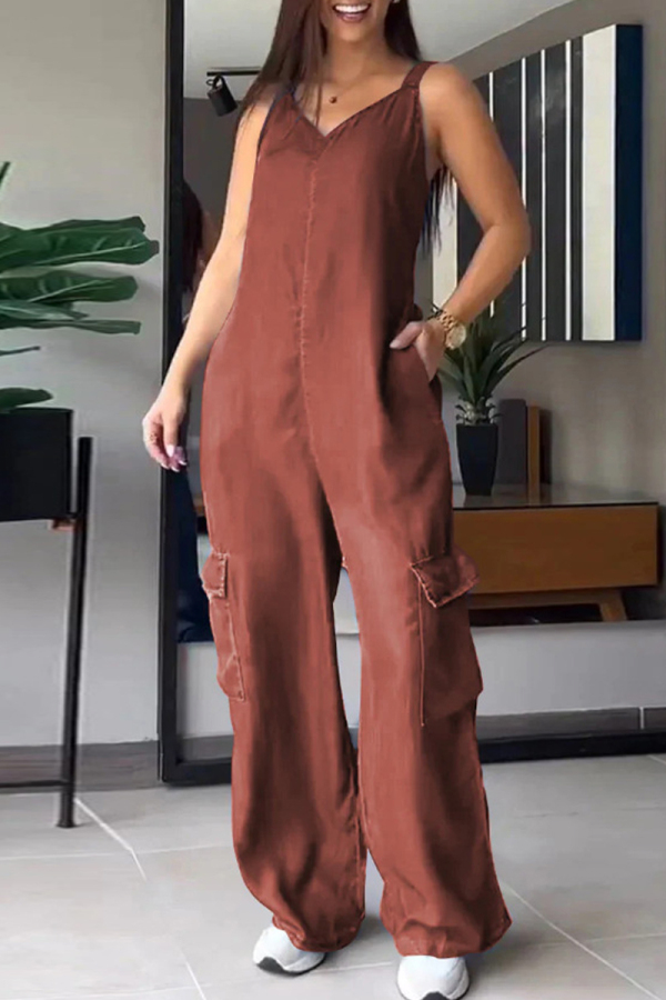 Casual Sleeveless Backless V Neck Denim Cami Cargo Jumpsuits