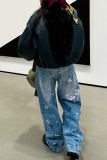 Casual Patchwork Mid Waist Straight Distressed Denim Jeans