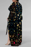 Casual Floral Print V Neck Long Sleeve With Belt Side Slit Long Loose Vacation Plus Size Maxi Dresses