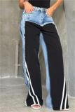 Casual Low Waist Straight Leg Patchwork Denim Pants