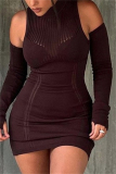 Casual O Neck Long Sleeve Wrapped Skirt Knitted Bodycon Mini Sweater Dresses