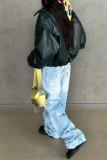 Casual Patchwork Mid Waist Straight Distressed Denim Jeans