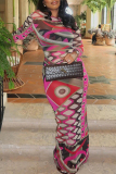 Graphics Print O Neck Long Sleeve Formal Evening Party Bodycon Maxi Dress