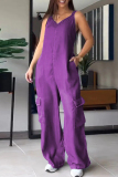 Casual Sleeveless Backless V Neck Denim Cami Cargo Jumpsuits