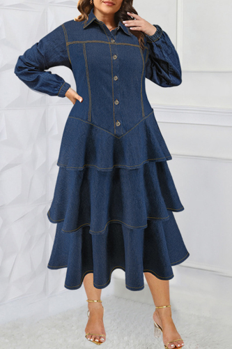 Turndown Collar Buckle Ruffle Tiered Hem Vacation Plus Size Denim A Line Maxi Shirt Dresses