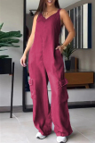 Casual Sleeveless Backless V Neck Denim Cami Cargo Jumpsuits