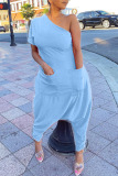 Casual Pocket Backless Asymmetrical Oblique Collar Vacation Loose Harem Jumpsuits