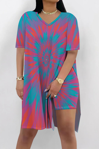 Tie Dye Print V Neck Short Sleeve Longline Slit Oversize T-shirt And Shorts Two Pieces Shorts Set