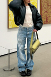 Casual Patchwork Mid Waist Straight Distressed Denim Jeans