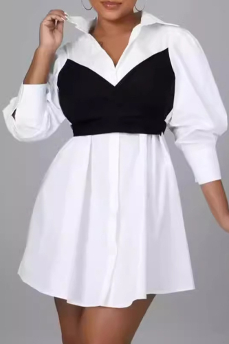 Street Bow Decor Turndown Collar 3/4 Sleeve Buckle Strap Design A Line Shirt Mini Dresses