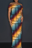 Graphics Print Off Shoulder Long Flutter Sleeve Mermaid Hem Side Slit Vacation Boho Style Maxi Dress