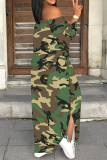 Casual Geometric Camouflage Print Long Sleeve Off Shoulder Side Slit Vacation Bodycon Maxi Dress