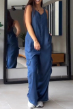 Casual Sleeveless Backless V Neck Denim Cami Cargo Jumpsuits