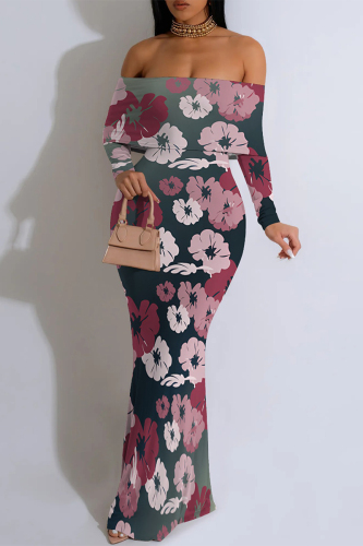 Floral Print Off Shoulder Long Flutter Sleeve Mermaid Hem Vacation Boho Style Maxi Dresse