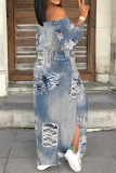 Graphics Print Off Shoulder Long Sleeve Side Slit Vacation Bodycon Maxi Dress