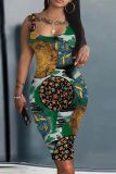 Casual Graphics Print U Neck Sleeveless Vacation Bodycon Midi Tank Dress