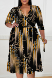 Floral Print V Neck Short Sleeve Lace Up Vacation Plus Size A Line Midi Dresses