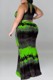 Formal Tie Dye Print Sleeveless O Neck Hollow Out Long Mermaid Hem Evening Party Plus Size Bodycon Maxi Dress
