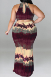 Formal Tie Dye Print Sleeveless O Neck Hollow Out Long Mermaid Hem Evening Party Plus Size Bodycon Maxi Dress