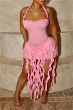 Sleeveless Backless Fringed Trim Wrapped Skirt Formal Evening Party Halter Bodycon Mini Dresses