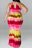 Formal Tie Dye Print Sleeveless O Neck Hollow Out Long Mermaid Hem Evening Party Plus Size Bodycon Maxi Dress