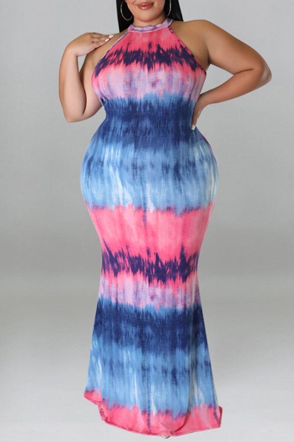 Formal Tie Dye Print Sleeveless O Neck Hollow Out Long Mermaid Hem Evening Party Plus Size Bodycon Maxi Dress