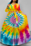 Tie Dye Print O Neck Long Sleeve Strap Design Belt Vacation A Line Maxi Dresses