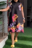 Casual Floral Print Buttons Collar Short Sleeve Vacation Turtleneck A Line Midi Dresses