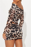 Casual Leopard Print Off Shoulder Long Sleeve Crop Tops And Mini Skirt Night Club Two Pieces Dress Sets