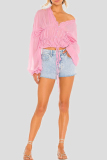 Formal See-Through V Neck Long Sleeve Ruffle Trim Vacation Ruched Chiffon Blouse