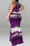 Formal Tie Dye Print Sleeveless O Neck Hollow Out Long Mermaid Hem Evening Party Plus Size Bodycon Maxi Dress