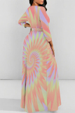 Tie Dye Print O Neck Long Sleeve Strap Design Belt Vacation A Line Maxi Dresses