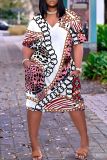 Casual Graphics Print Basic V Neck Short Sleeve Loose Pockets Midi T-Shirt Dress