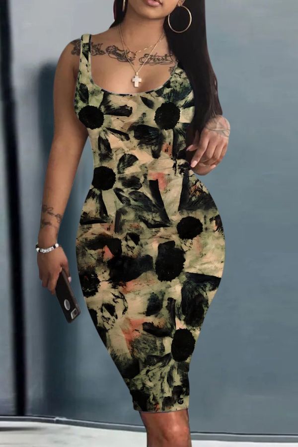 Casual Graphics Print U Neck Sleeveless Vacation Bodycon Midi Tank Dress