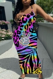 Sleeveless Casual Graphcis Print Backless Spaghetti Strap Long Bodycon Maxi Slip Dress