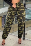Casual Camouflage Print Pocket Fitted High Waist Cargo Pants