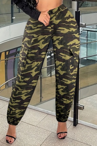 Casual Camouflage Print Pocket Fitted High Waist Cargo Pants
