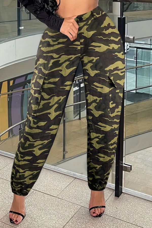 Casual Camouflage Print Pocket Fitted High Waist Cargo Pants