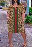 Casual Graphics Print Basic V Neck Short Sleeve Loose Pockets Midi T-Shirt Dress